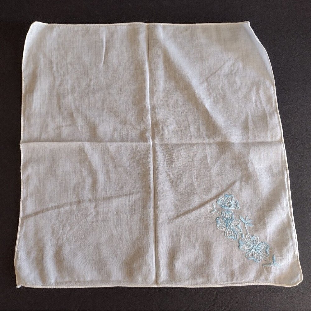 Vintage Cotton Hankie Hankerchief White Embroidered Blue Floral Flower Edge